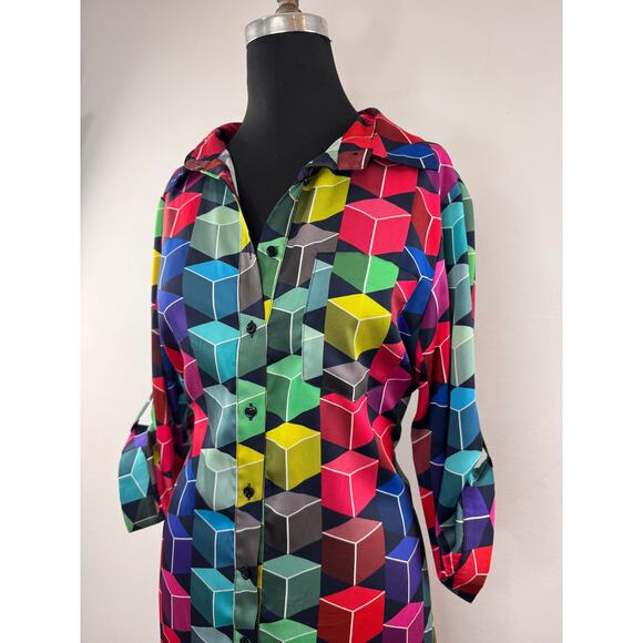 MILLY Geometric Shirt Dress Cube Collared Tie Back 3/4 Sleeve Button-Up Large L - Picture 2 of 7
